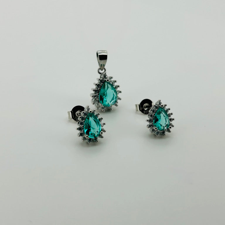 Juego plata rodio, piedra aqua gota bisel circonias blancas