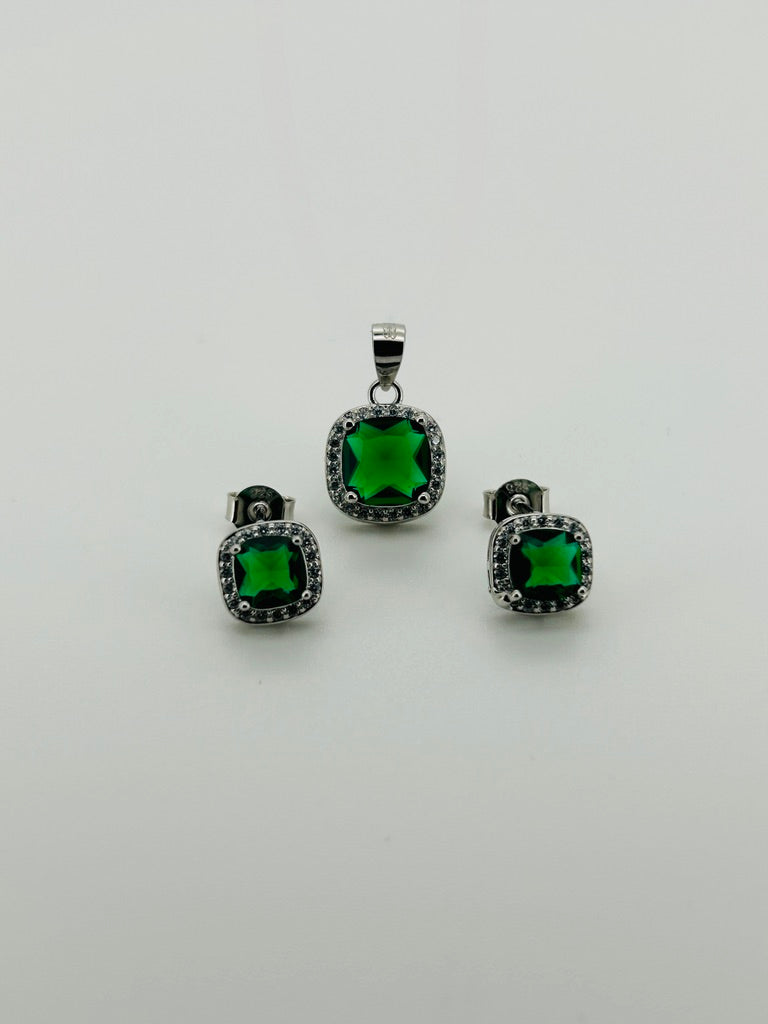 Juego plata rodio, piedra verde octagono cuadrado bisel circonias blancas