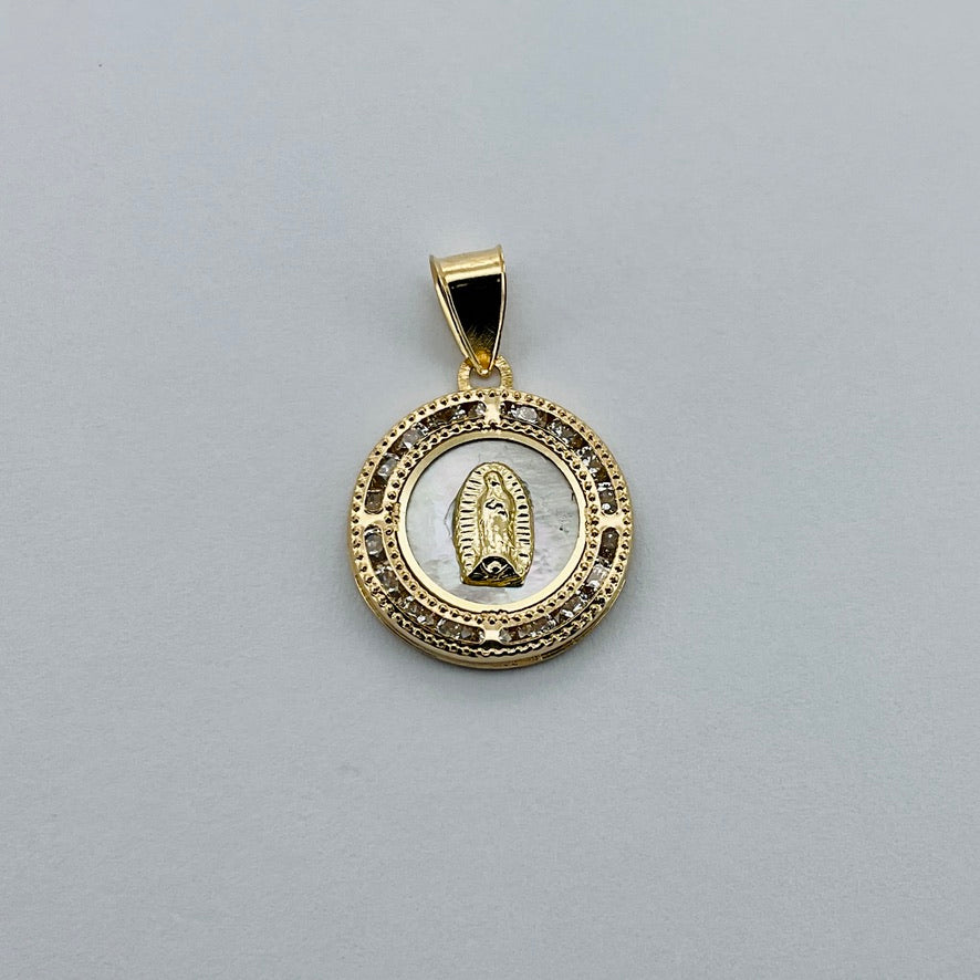 Medalla 10k Redonda V Guadalupe Madre perla Bisel circonias 16mm