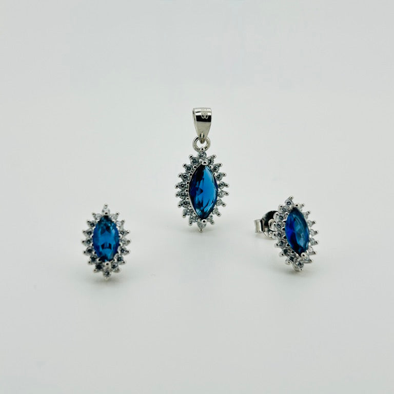 Juego plata rodio, piedra azul marino marquise bisel circonias blancas
