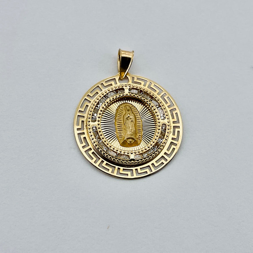 Medalla 10k V Guadalupe redondo bisel grecas 21mm