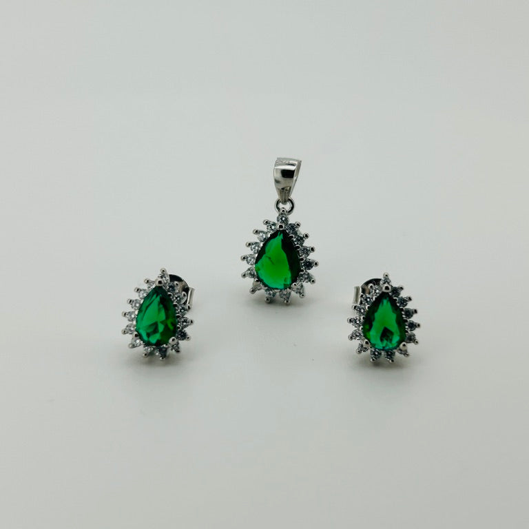 Juego plata rodio, piedra verde gota bisel circonias blancas