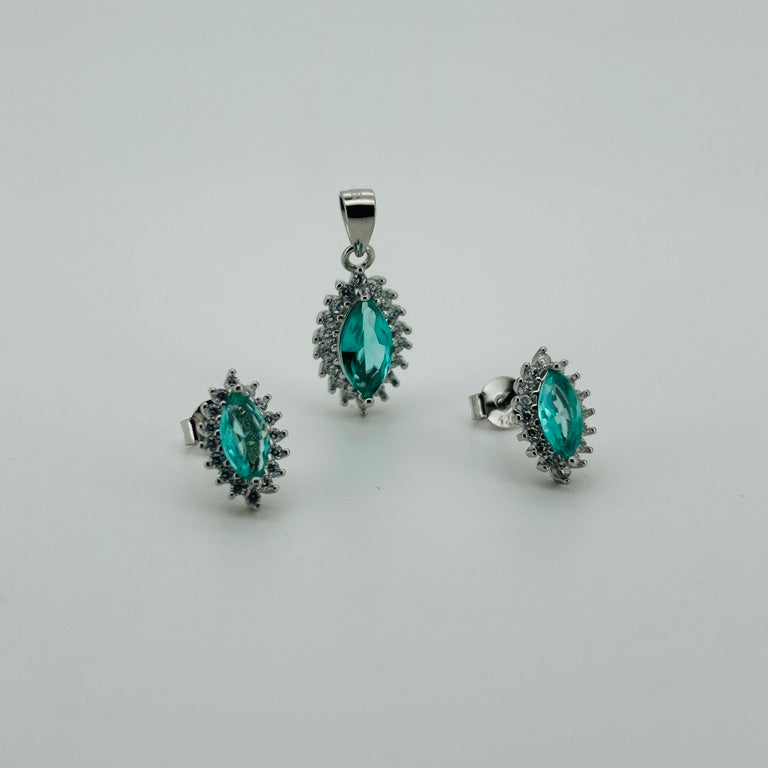 Juego plata rodio, piedra aqua  marquise bisel circonias blancas