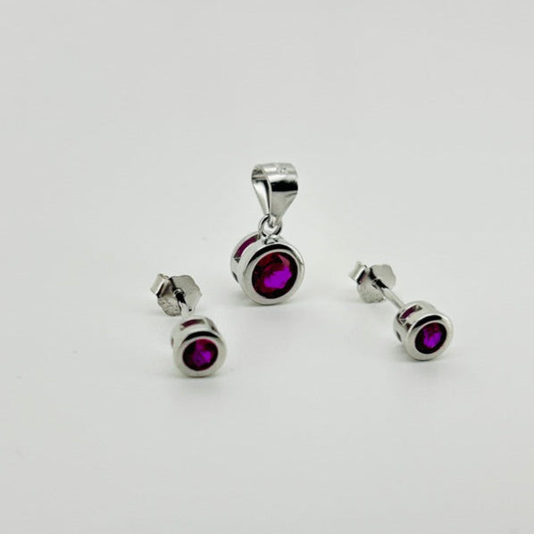 Juego plata rodio, piedra redonda roja