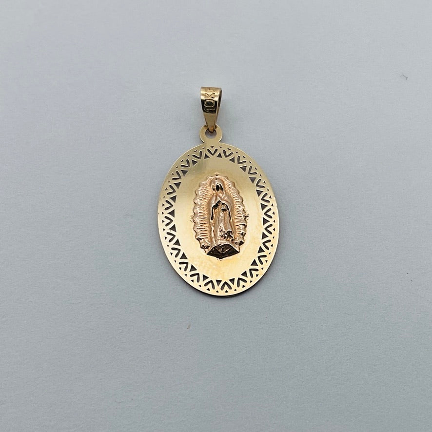Medalla 10k V Guadalupe Oval bisel calado Corazon 20x15mm