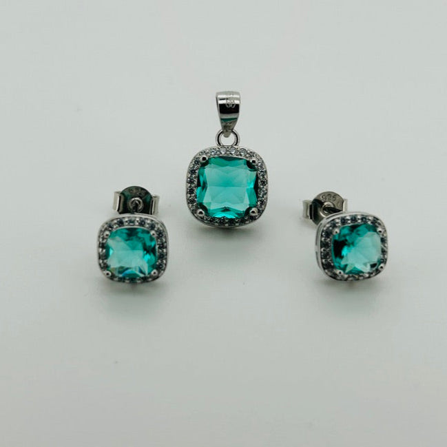 Juego plata rodio, piedra aqua octagono cuadrado bisel circonias blancas