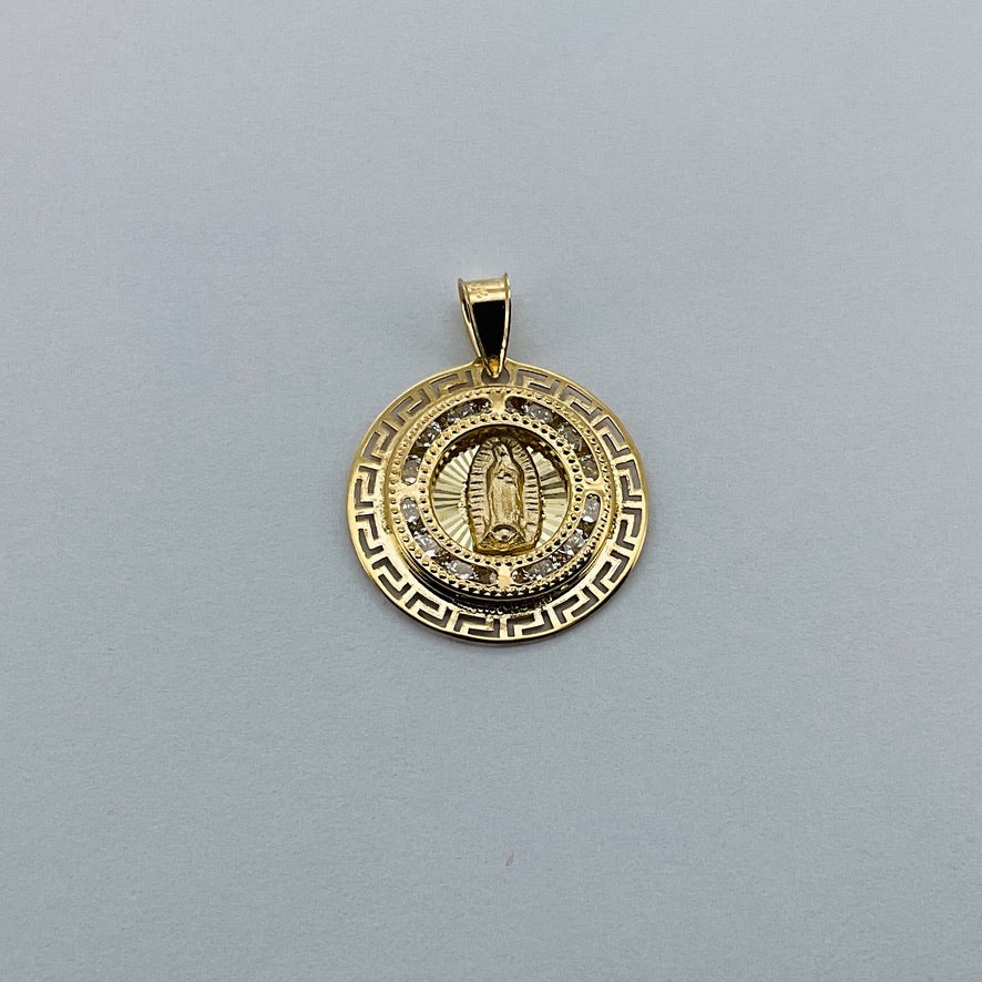 Medalla 10k V Guadalupe redondo bisel grecas 17mm
