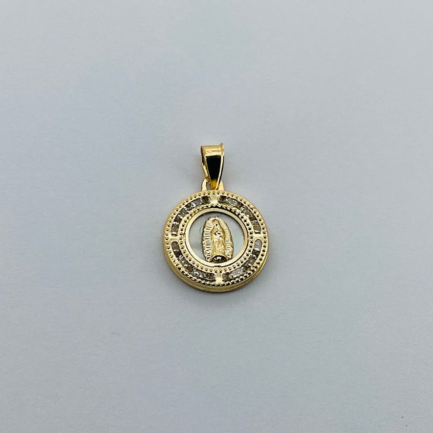 Medalla 10k Redonda V Guadalupe Madre perla Bisel circonias 13mm