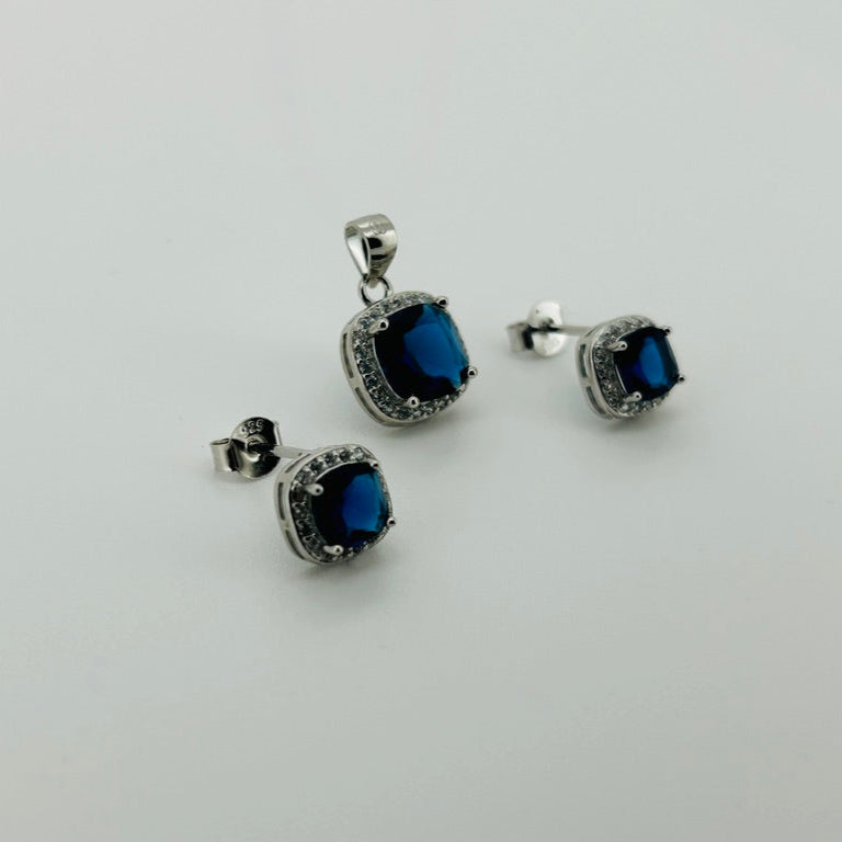 Juego plata rodio, piedra azulmarino  octagono cuadrado bisel circonias blancas